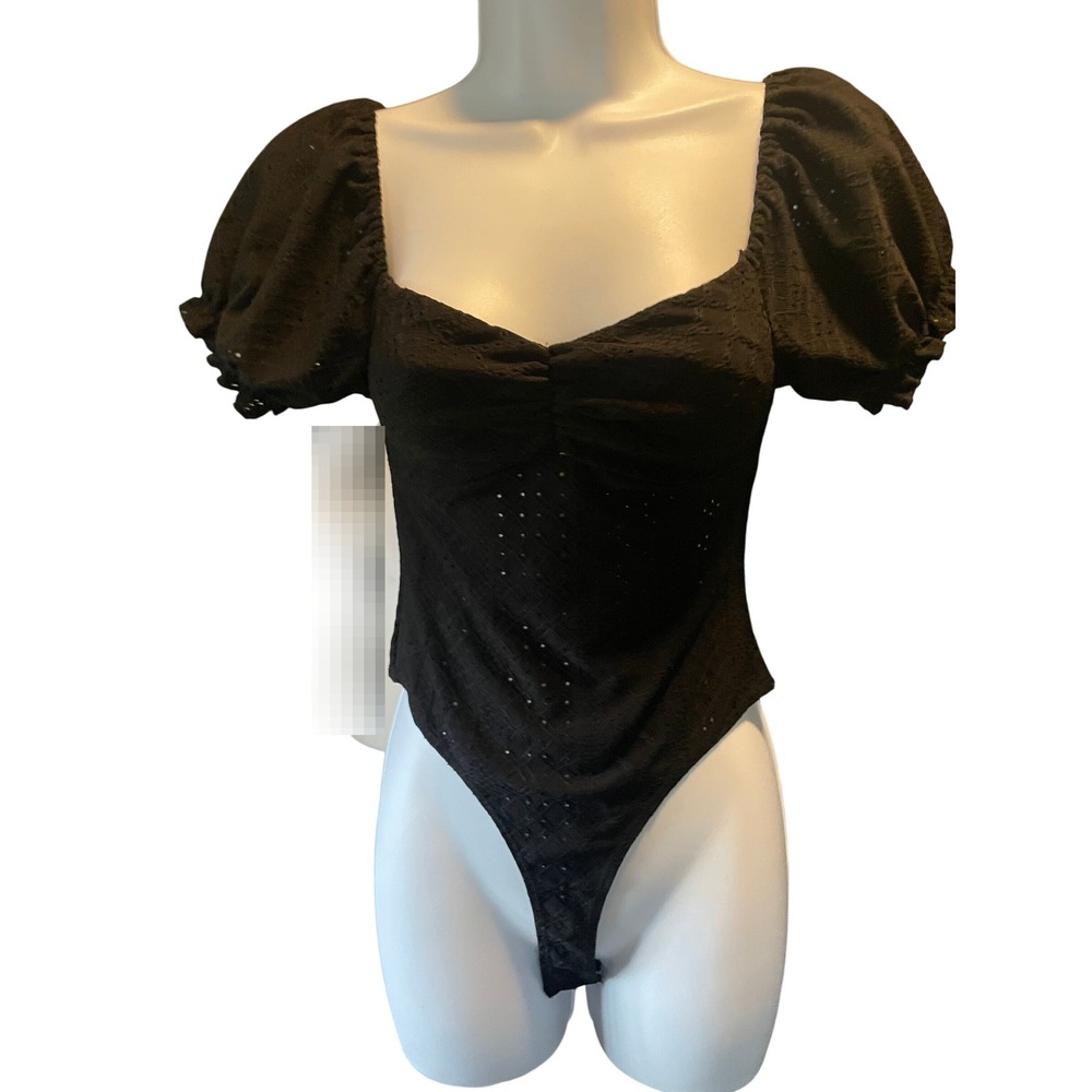 Womens Romantic Milkmaid Cottagecore Black Eyelet Puff Sleeve‎ Bodysuit Small